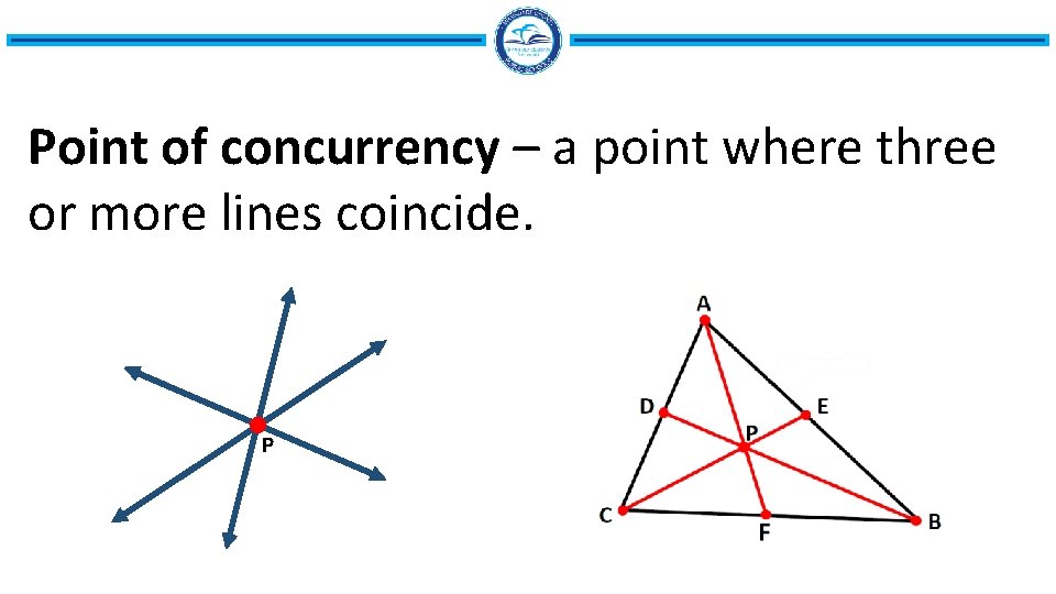 Point of concurrency – a point where three or more lines coincide. P 