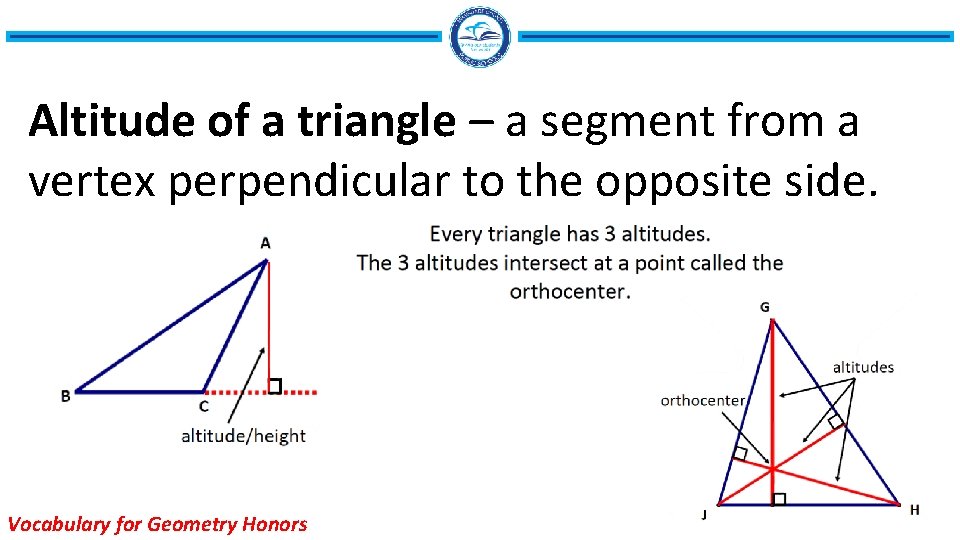 Altitude of a triangle – a segment from a vertex perpendicular to the opposite