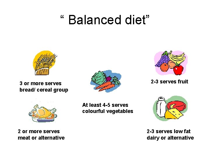 “ Balanced diet” 2 -3 serves fruit 3 or more serves bread/ cereal group