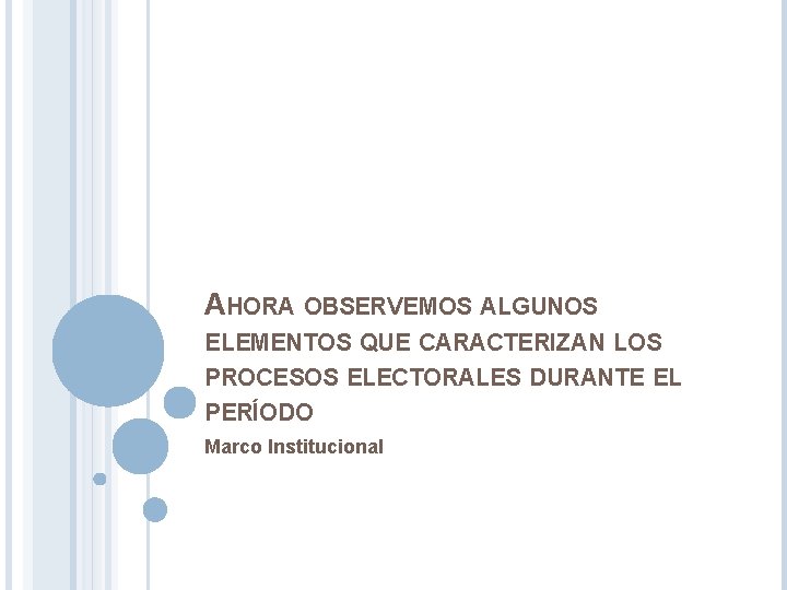 AHORA OBSERVEMOS ALGUNOS ELEMENTOS QUE CARACTERIZAN LOS PROCESOS ELECTORALES DURANTE EL PERÍODO Marco Institucional AHORA OBSERVEMOS ALGUNOS ELEMENTOS QUE CARACTERIZAN LOS PROCESOS ELECTORALES DURANTE EL PERÍODO Marco Institucional