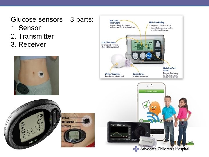 Glucose sensors – 3 parts: 1. Sensor 2. Transmitter 3. Receiver 