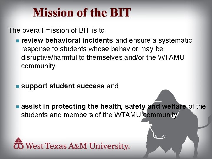 Mission of the BIT The overall mission of BIT is to review behavioral incidents
