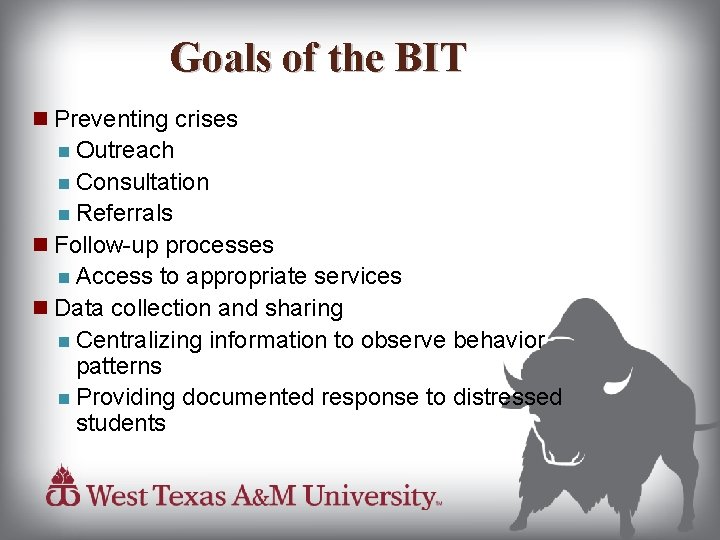 Goals of the BIT Preventing crises Outreach Consultation Referrals Follow-up processes Access to appropriate