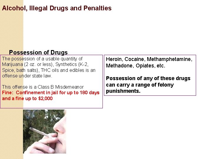 Alcohol, Illegal Drugs and Penalties Possession of Drugs The possession of a usable quantity