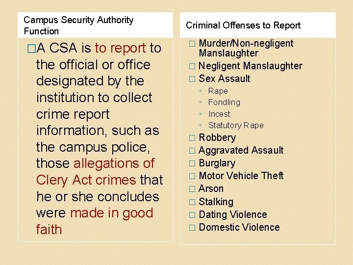 Campus Security Authority Function Criminal Offenses to Report �A CSA is to report to