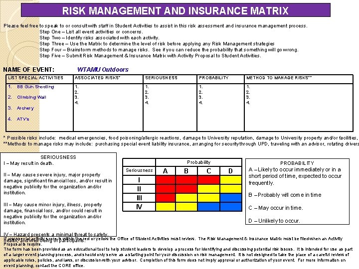 RISK MANAGEMENT AND INSURANCE MATRIX Please feel free to speak to or consult with