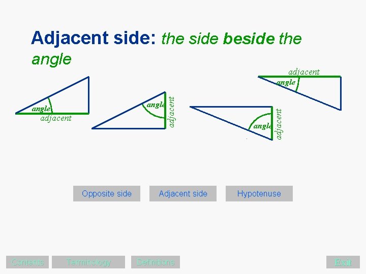 Adjacent side: the side beside the angle adjacent Opposite side Contents Terminology Adjacent side