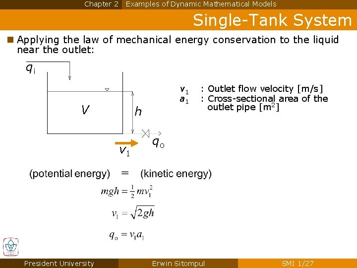 Chapter 2 Examples of Dynamic Mathematical Models Single-Tank System n Applying the law of Chapter 2 Examples of Dynamic Mathematical Models Single-Tank System n Applying the law of