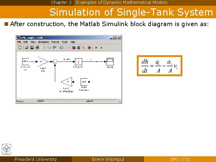 Chapter 2 Examples of Dynamic Mathematical Models Simulation of Single-Tank System n After construction, Chapter 2 Examples of Dynamic Mathematical Models Simulation of Single-Tank System n After construction,