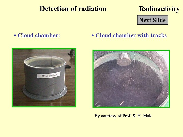 Detection of radiation Radioactivity Next Slide • Cloud chamber: • Cloud chamber with tracks