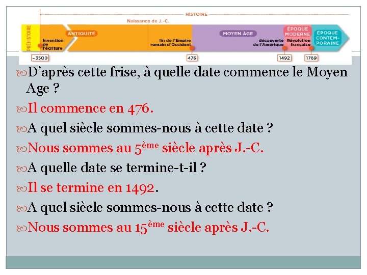  D’après cette frise, à quelle date commence le Moyen Age ? Il commence