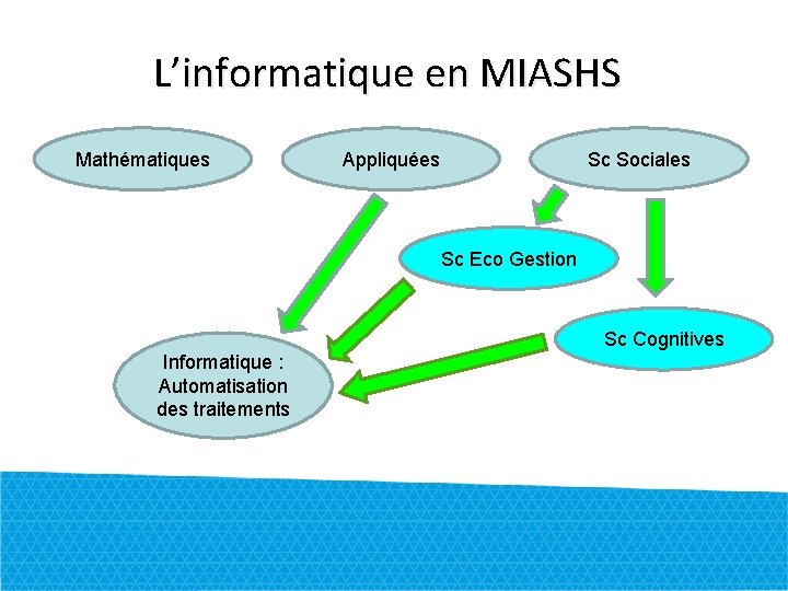 L’informatique en MIASHS Mathématiques Appliquées Sc Sociales Sc Eco Gestion Sc Cognitives Informatique :