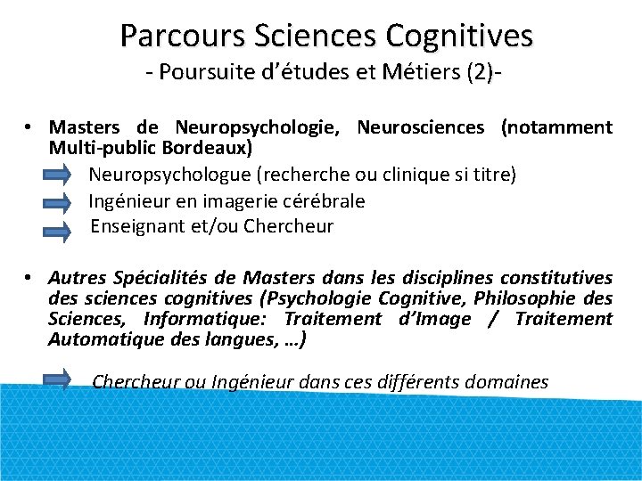  Parcours Sciences Cognitives - Poursuite d’études et Métiers (2)- • Masters de Neuropsychologie,