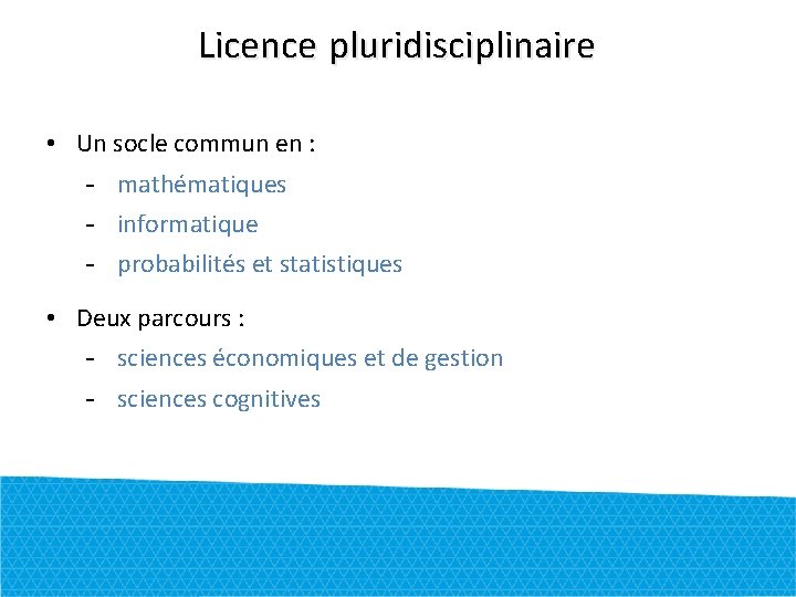 Licence pluridisciplinaire • Un socle commun en : - mathématiques - informatique - probabilités