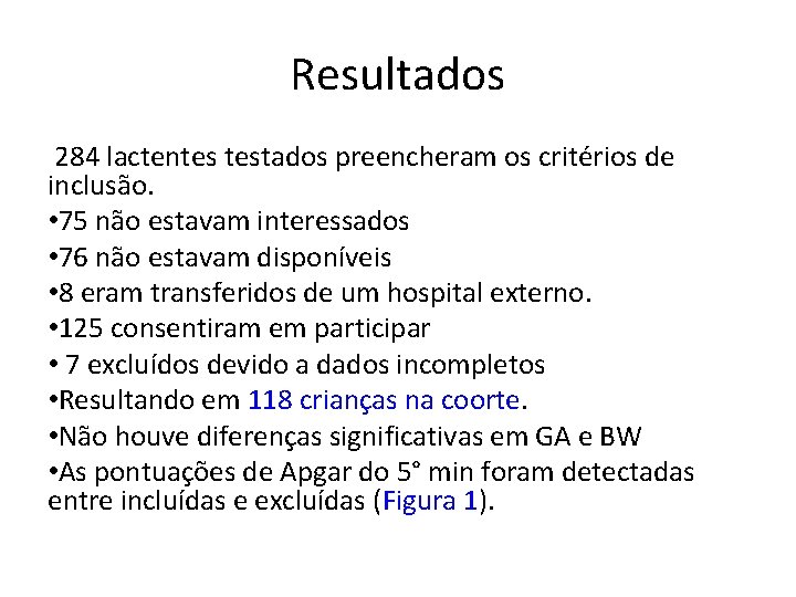 Resultados 284 lactentes testados preencheram os critérios de inclusão. • 75 não estavam interessados
