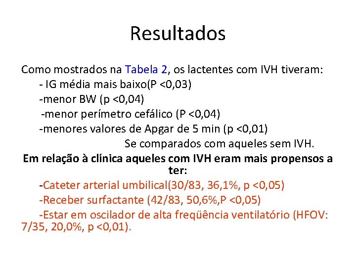 Resultados Como mostrados na Tabela 2, os lactentes com IVH tiveram: - IG média