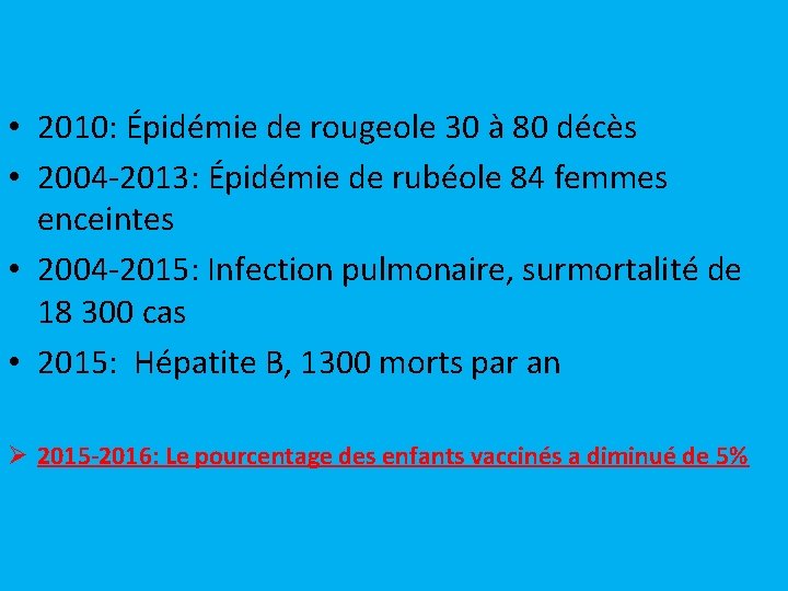  • 2010: Épidémie de rougeole 30 à 80 décès • 2004 -2013: Épidémie