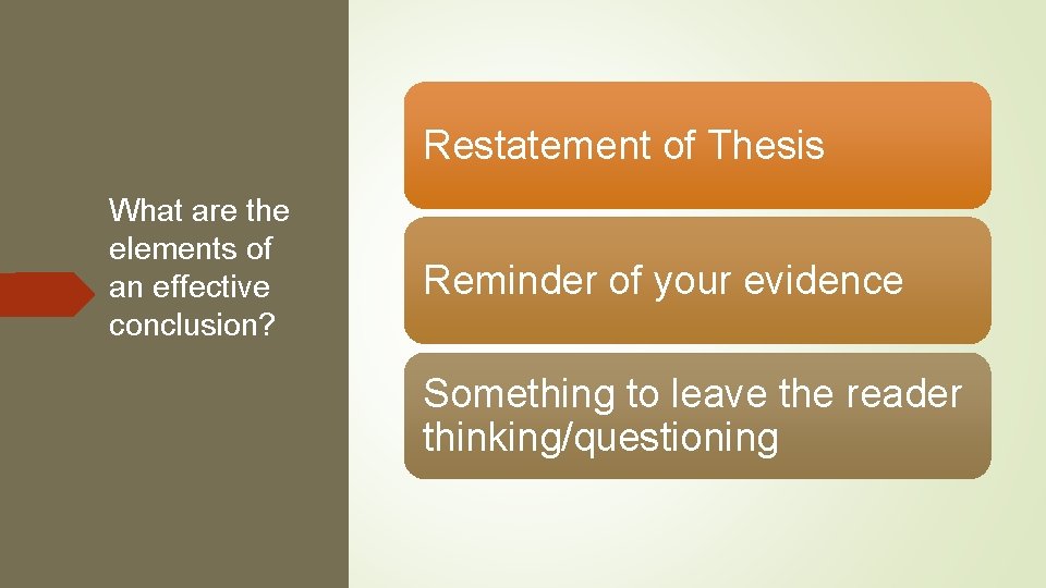 Restatement of Thesis What are the elements of an effective conclusion? Reminder of your