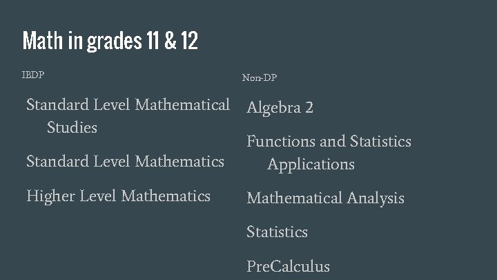 Math in grades 11 & 12 IBDP Non-DP Standard Level Mathematical Algebra 2 Studies