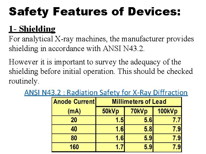 Safety Features of Devices: 1 - Shielding For analytical X-ray machines, the manufacturer provides