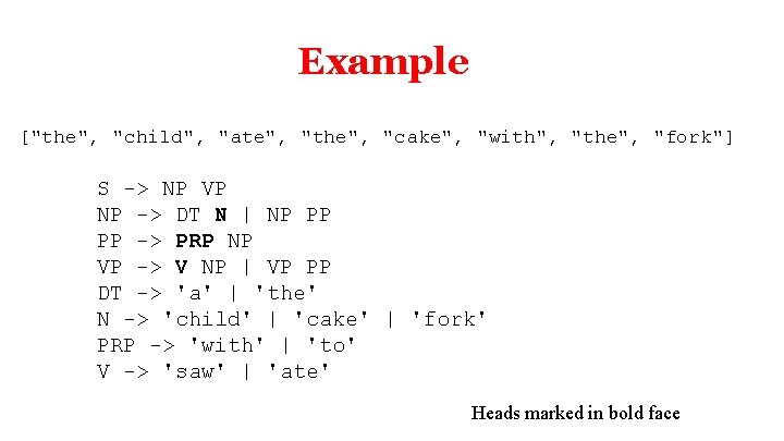 Example ["the", "child", "ate", "the", "cake", "with", "the", "fork"] S -> NP VP NP