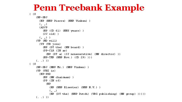 Penn Treebank Example ( (S (NP-SBJ (NP (NNP Pierre) (NNP Vinken) ) (, ,