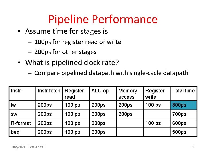 Pipeline Performance • Assume time for stages is – 100 ps for register read Pipeline Performance • Assume time for stages is – 100 ps for register read