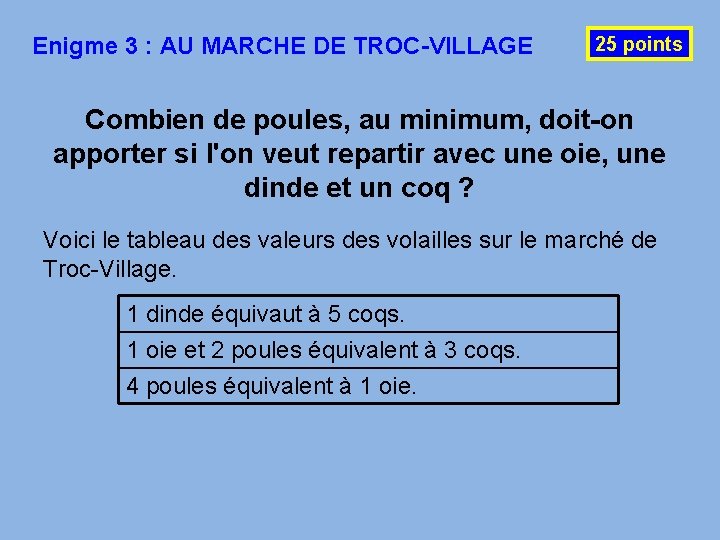 Enigme 3 : AU MARCHE DE TROC-VILLAGE 25 points Combien de poules, au minimum,