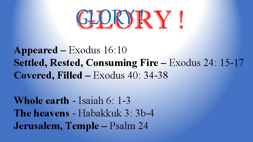 GLORY ! Appeared – Exodus 16: 10 Settled, Rested, Consuming Fire – Exodus 24: