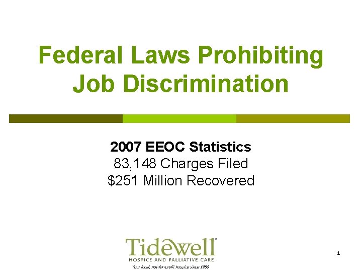 Federal Laws Prohibiting Job Discrimination 2007 EEOC Statistics 83, 148 Charges Filed $251 Million