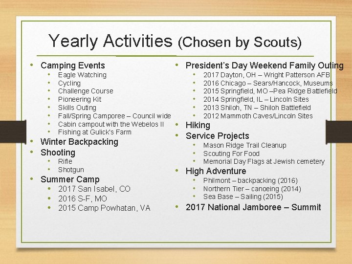 Yearly Activities (Chosen by Scouts) • Camping Events • • Eagle Watching Cycling Challenge