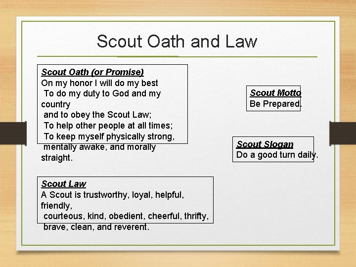 Scout Oath and Law Scout Oath (or Promise) On my honor I will do