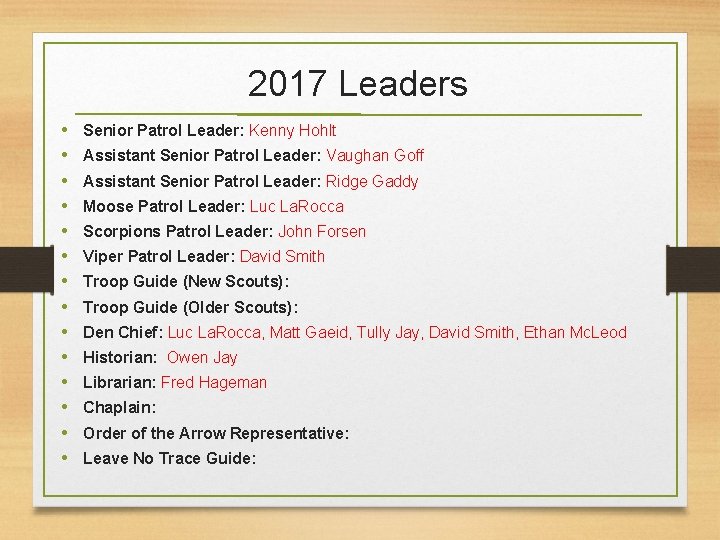 2017 Leaders • • • • Senior Patrol Leader: Kenny Hohlt Assistant Senior Patrol