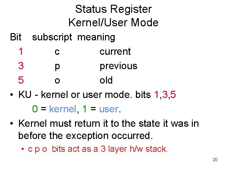 Status Register Kernel/User Mode Bit subscript meaning 1 c current 3 p previous 5