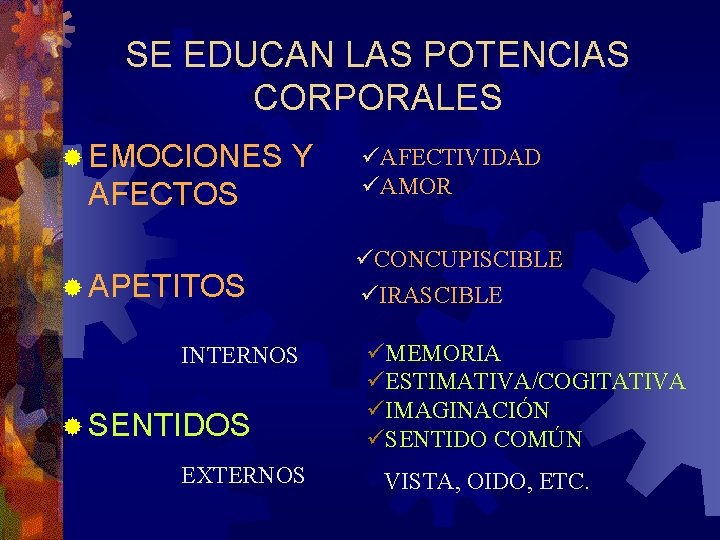 SE EDUCAN LAS POTENCIAS CORPORALES ® EMOCIONES Y AFECTOS ® APETITOS INTERNOS ® SENTIDOS SE EDUCAN LAS POTENCIAS CORPORALES ® EMOCIONES Y AFECTOS ® APETITOS INTERNOS ® SENTIDOS