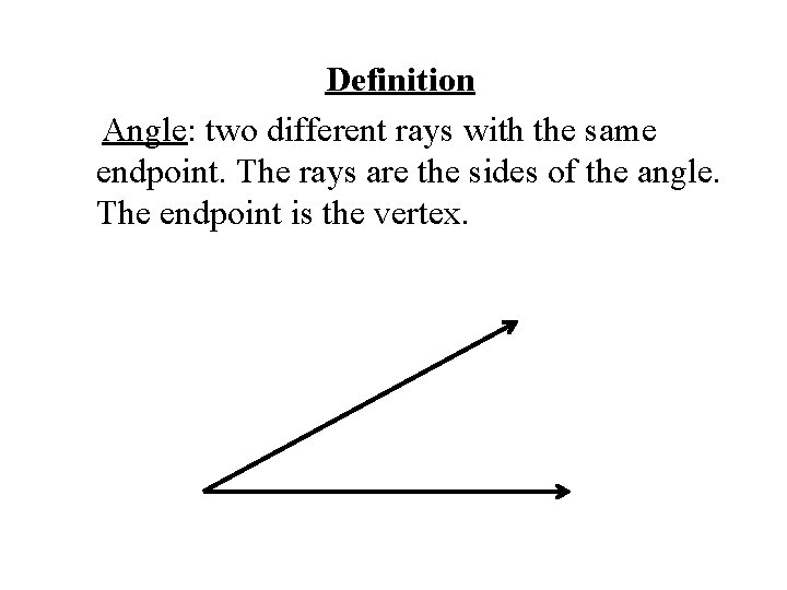 Definition Angle: two different rays with the same endpoint. The rays are the sides