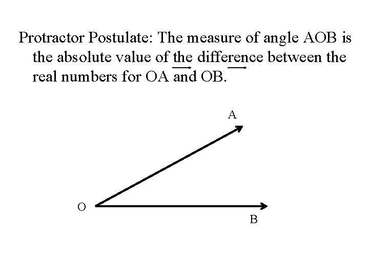 Protractor Postulate: The measure of angle AOB is the absolute value of the difference