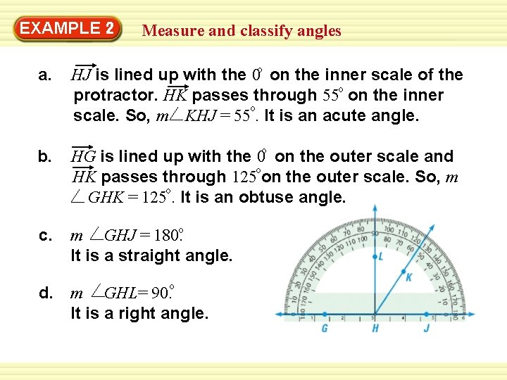 EXAMPLE 2 Measure and classify angles a. HJ is lined up with the 0