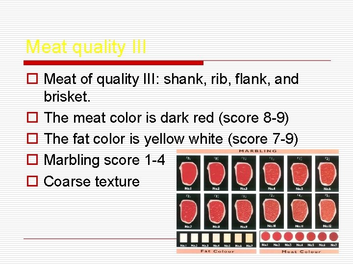 Meat quality III o Meat of quality III: shank, rib, flank, and brisket. o