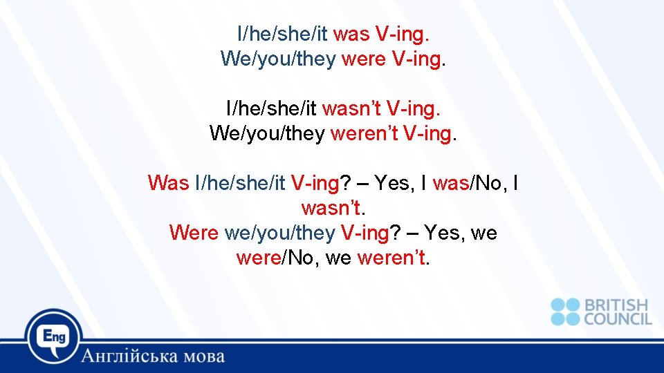 I/he/she/it was V-ing. We/you/they were V-ing. I/he/she/it wasn’t V-ing. We/you/they weren’t V-ing. Was I/he/she/it