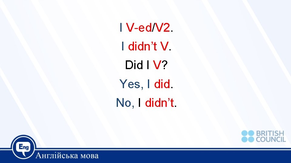 I V-ed/V 2. I didn’t V. Did I V? Yes, I did. No, I