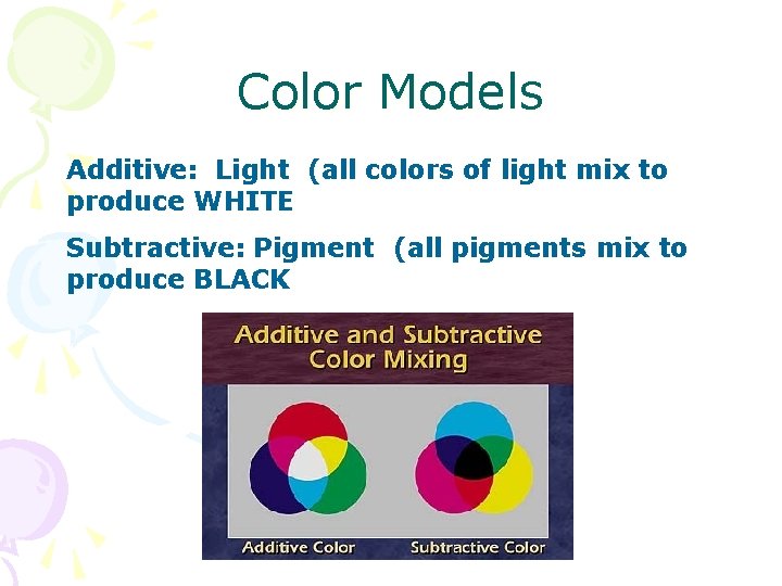 Color Models Additive: Light (all colors of light mix to produce WHITE Subtractive: Pigment