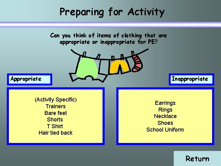 Preparing for Activity Can you think of items of clothing that are appropriate or