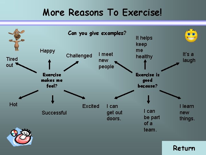 More Reasons To Exercise! Can you give examples? Happy Tired out Challenged I meet