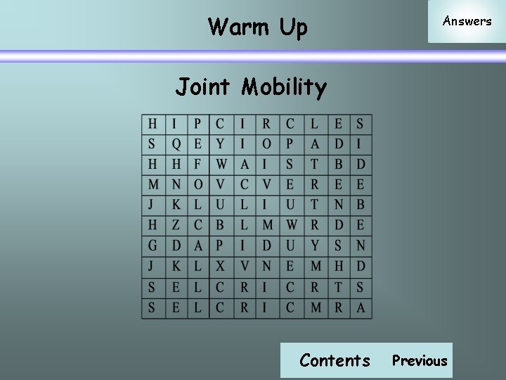 Warm Up Answers Joint Mobility Contents Previous 