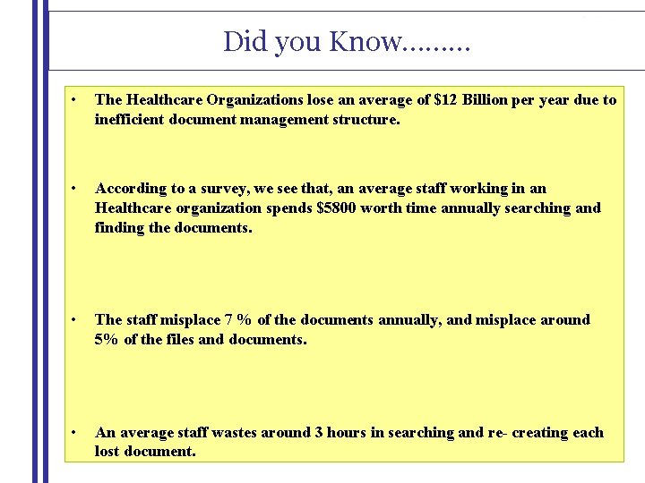 Did you Know……… • The Healthcare Organizations lose an average of $12 Billion per