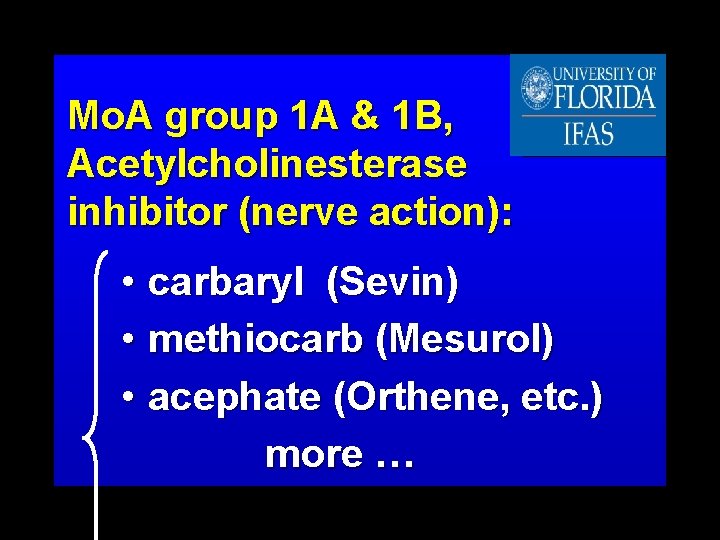 Mo. A group 1 A & 1 B, Acetylcholinesterase inhibitor (nerve action): • carbaryl