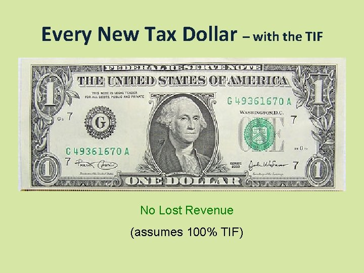 Every New Tax Dollar – with the TIF No Lost Revenue (assumes 100% TIF)