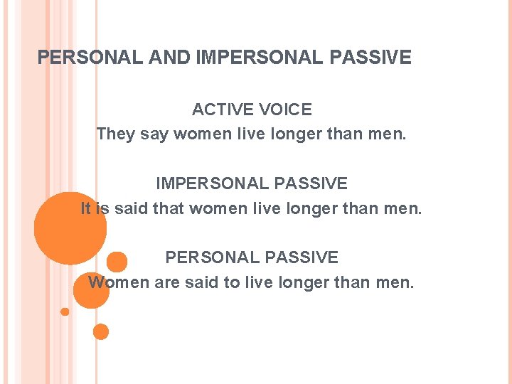 PERSONAL AND IMPERSONAL PASSIVE ACTIVE VOICE They say women live longer than men. IMPERSONAL