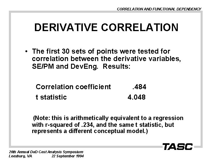 CORRELATION AND FUNCTIONAL DEPENDENCY DERIVATIVE CORRELATION • The first 30 sets of points were